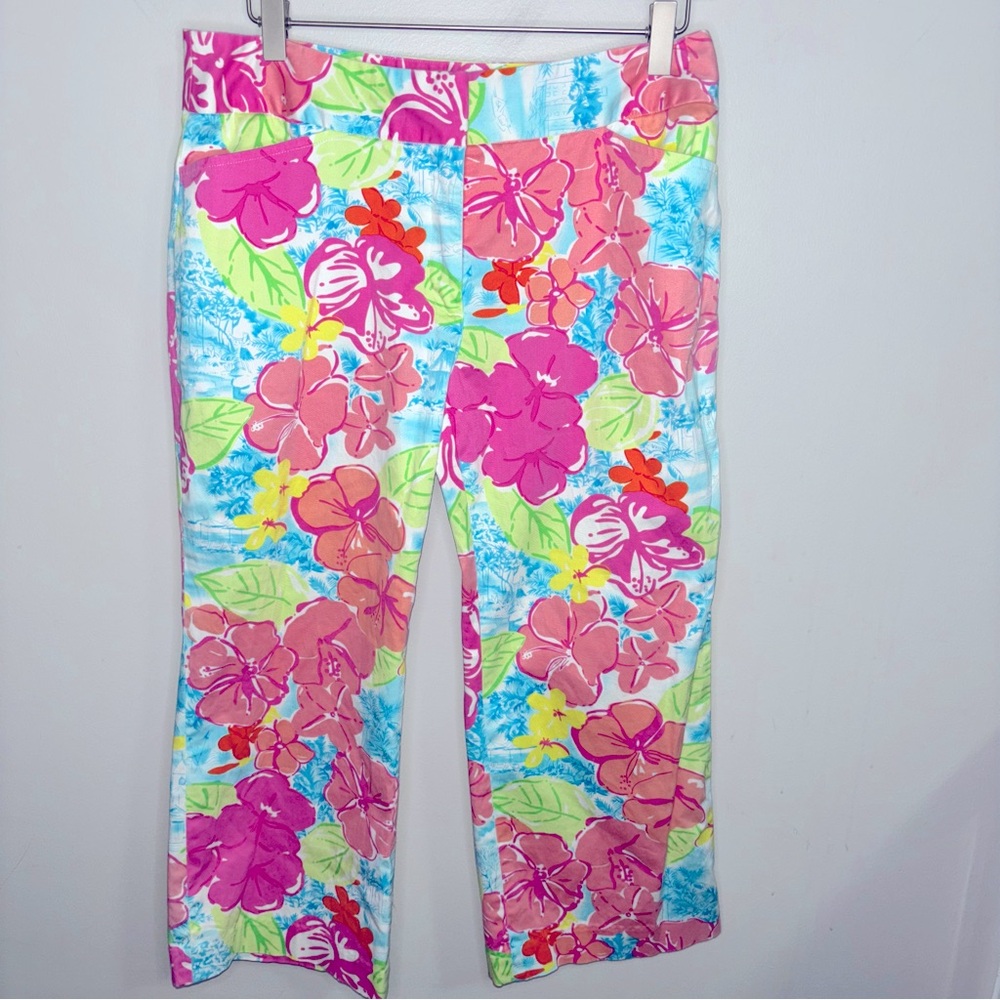 Lilly Pulitzer vintage crop pants hibiscus Blue Hawaii Tiki Bar toile size 4
